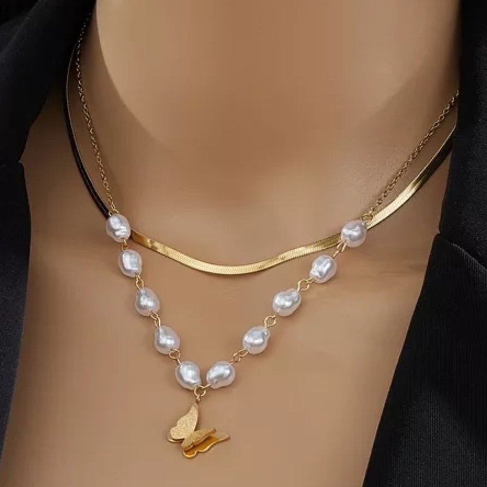 Pearl Butterfly Pendant Necklace - Stainless Steel